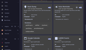 Global Settings plugin list showing Brain Dump and Voice Reminder plugins enabled with their permissions.-1