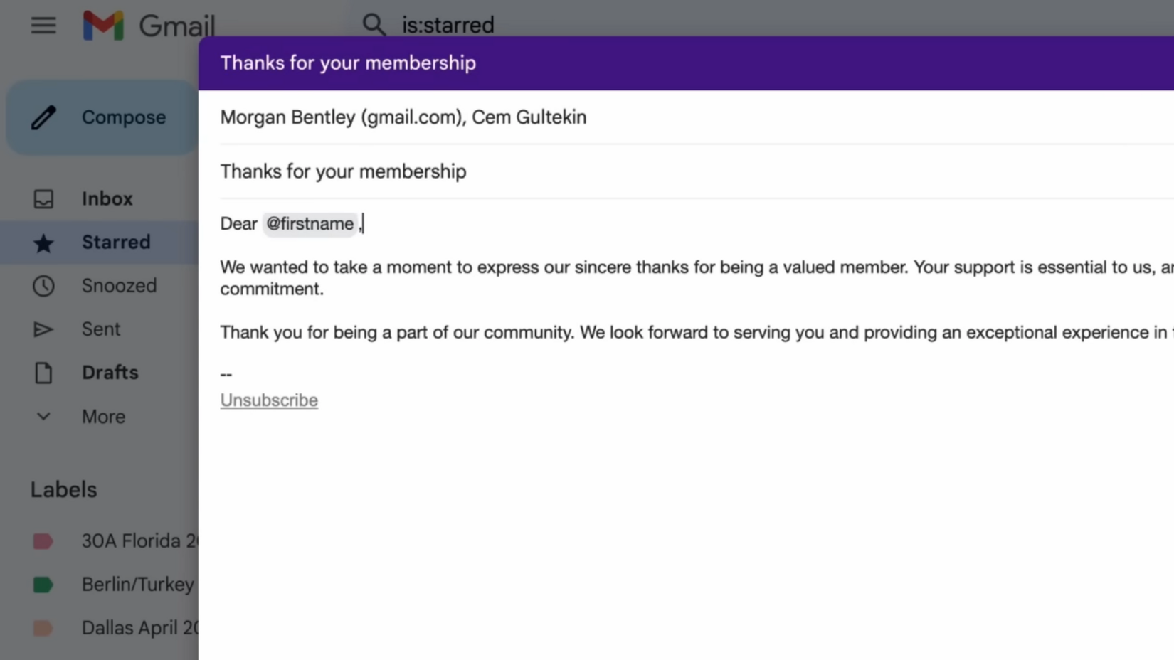 Gmail email draft titled Thanks for your membership showing an at firstname placeholder for a mail merge greeting.