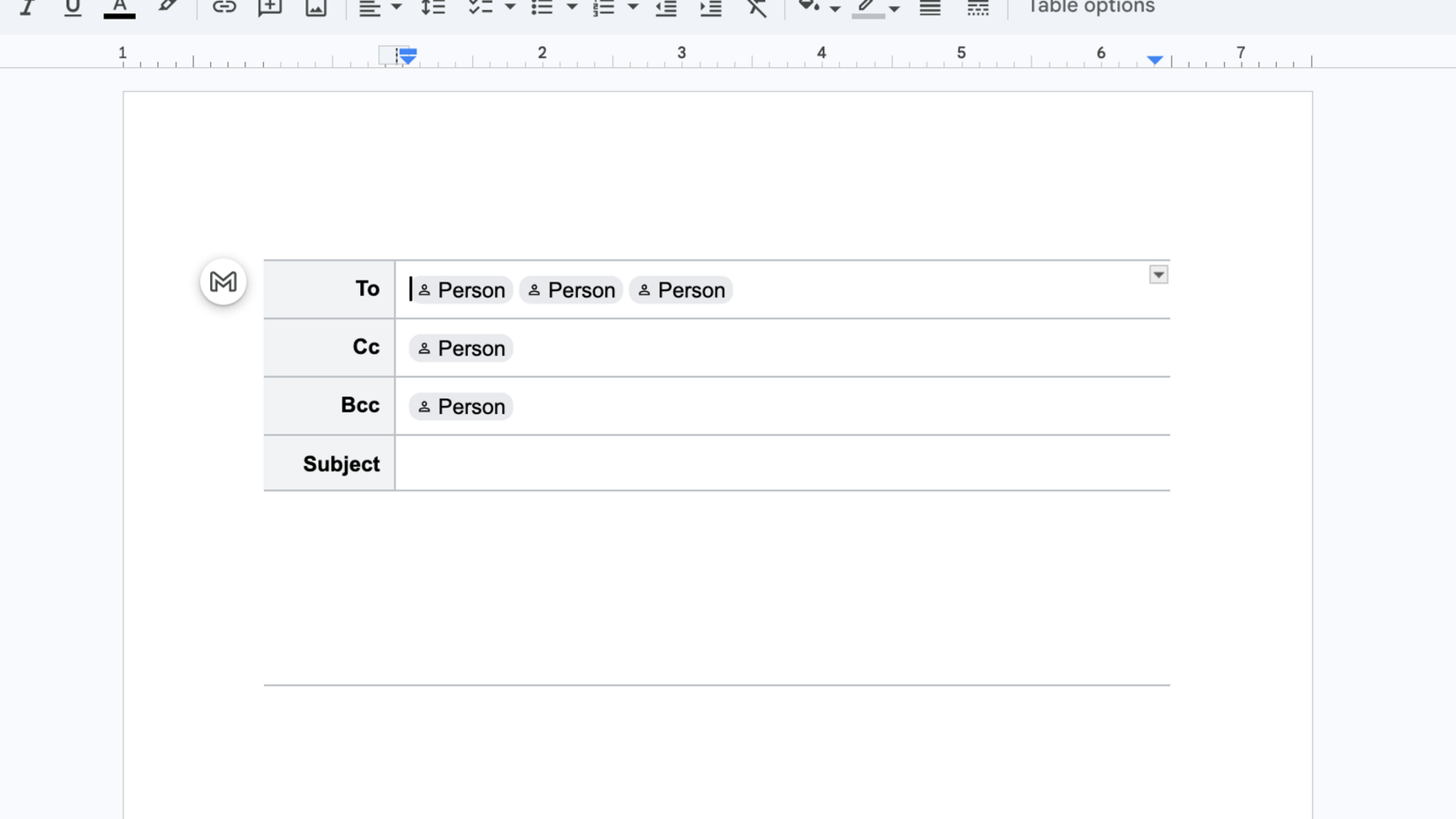 Google Docs email draft building block showing To Cc Bcc and Subject fields with the Gmail icon for sending.