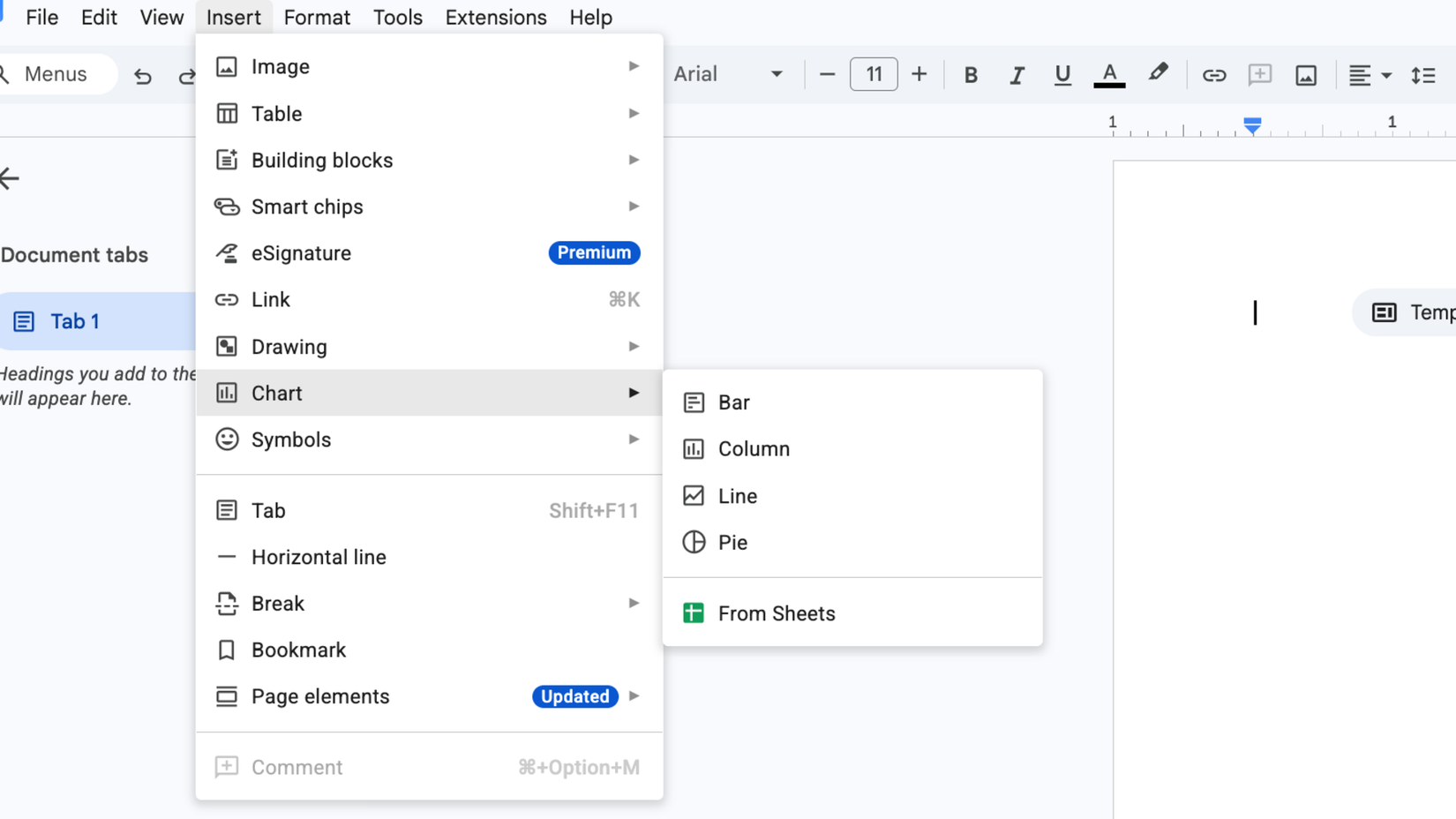 Google Docs Insert menu showing the Chart submenu with the From Sheets option for linking a chart.
