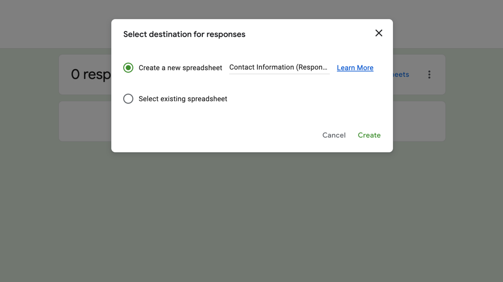 Google Forms Select destination for responses dialog showing the Create a new spreadsheet option.