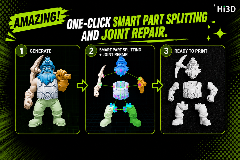 Hi3D one-click smart part splitting and joint repair workflow