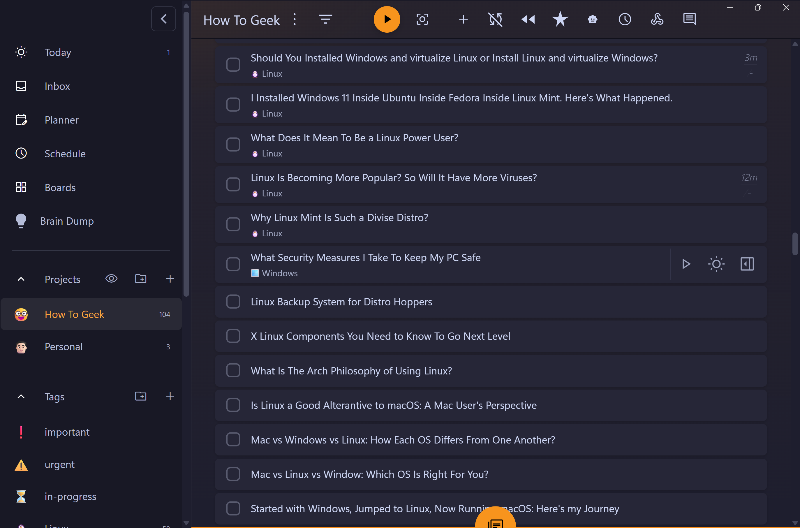 How To Geek project task list showing dozens of Linux and Windows article ideas with time estimates.-1