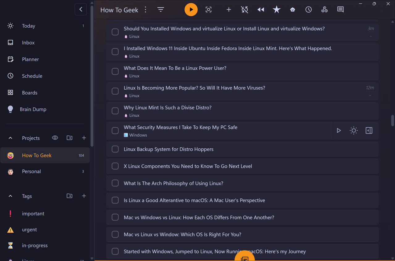 How To Geek project task list showing dozens of Linux and Windows article ideas with time estimates.-1