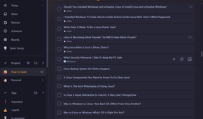 How To Geek project task list showing dozens of Linux and Windows article ideas with time estimates.-1