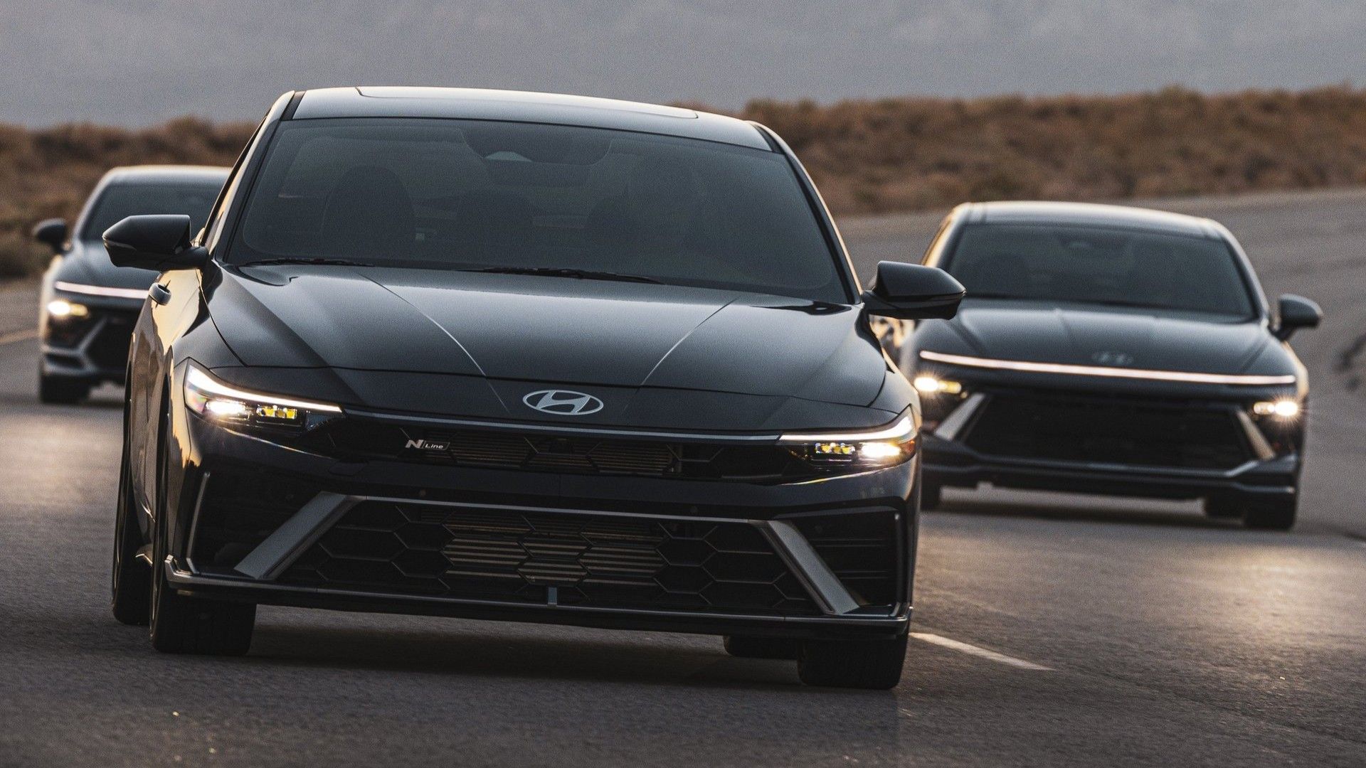 Head-on action shot of a 2024 Hyundai Elantra N-Line