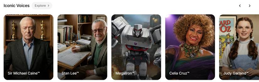 Iconic voices liek Michael Caine and Stan Lee showcased on Elevenlabs.