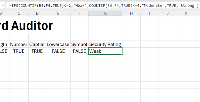IFS and COUNTIFS used in Excel to evaluate the strength of a password, returning 'Weak,' 'Moderate,' or 'Strong.'