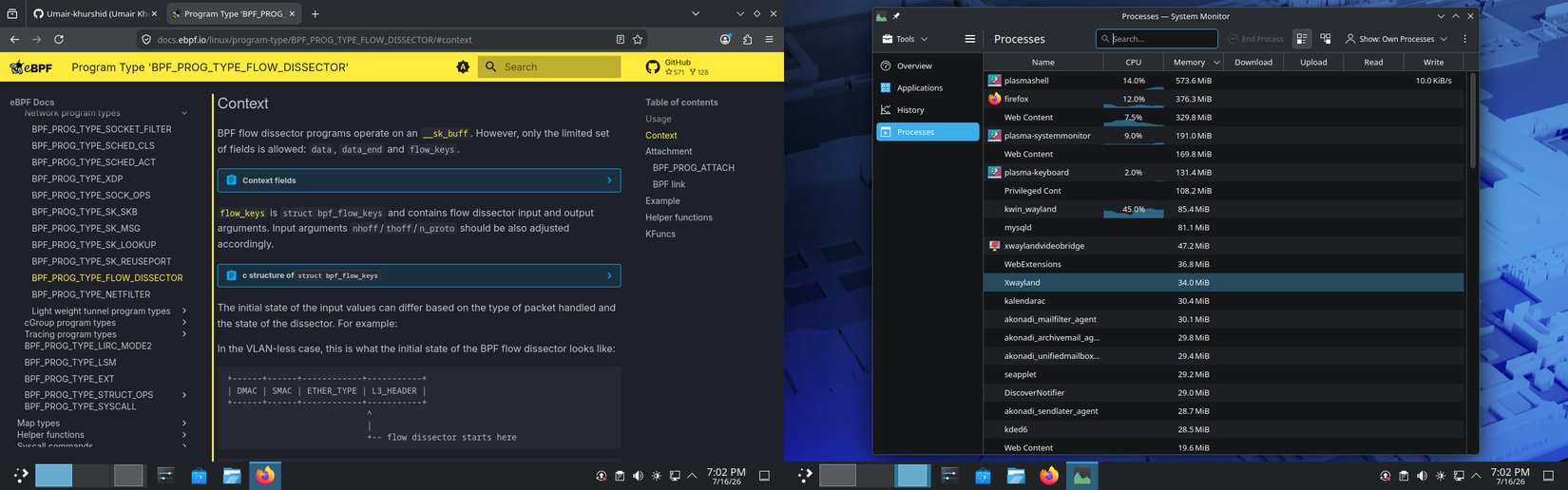 Screenshot of two virtual desktops, one with ebpf files and one with process monitor