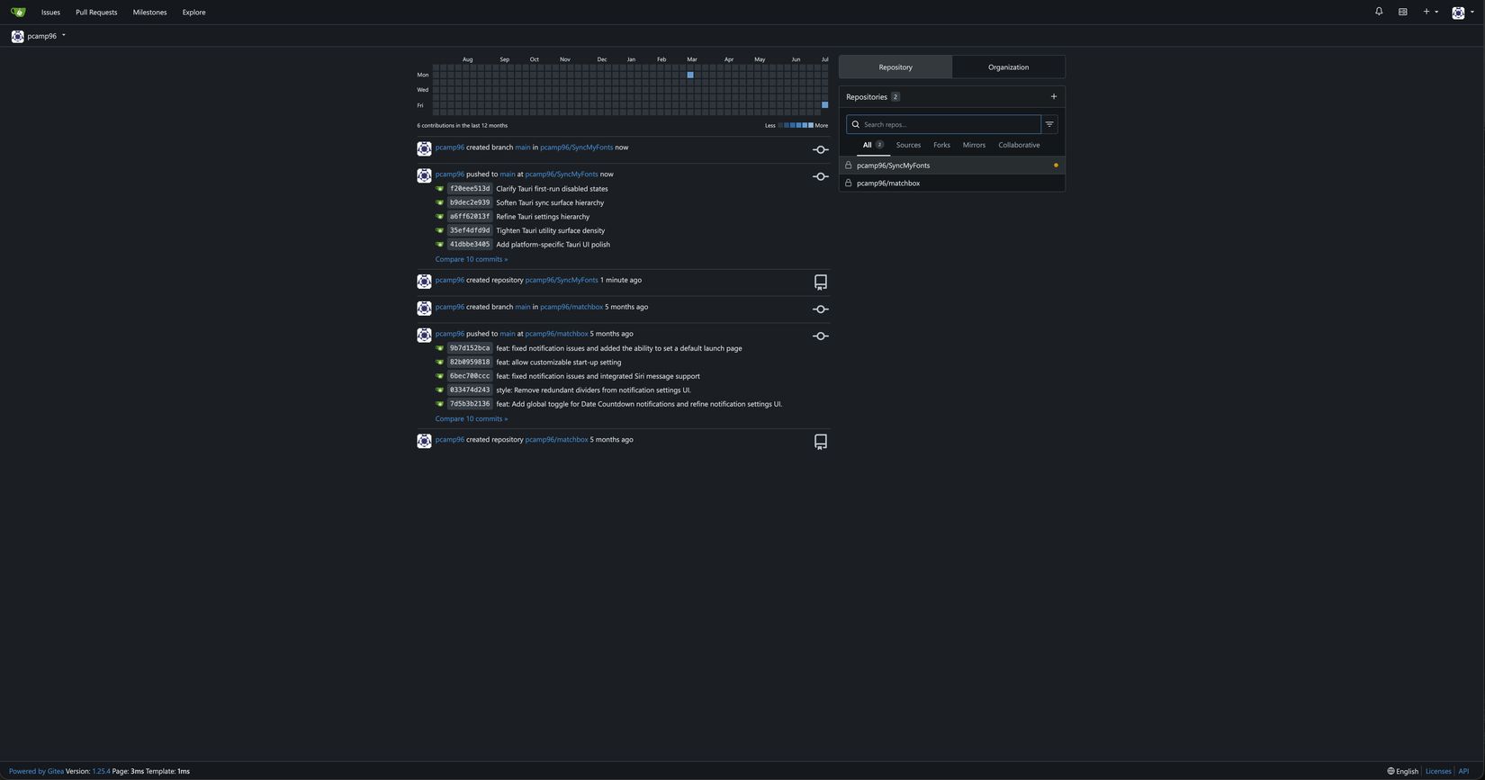A screenshot of Gitea's dashboard showing repository activity.