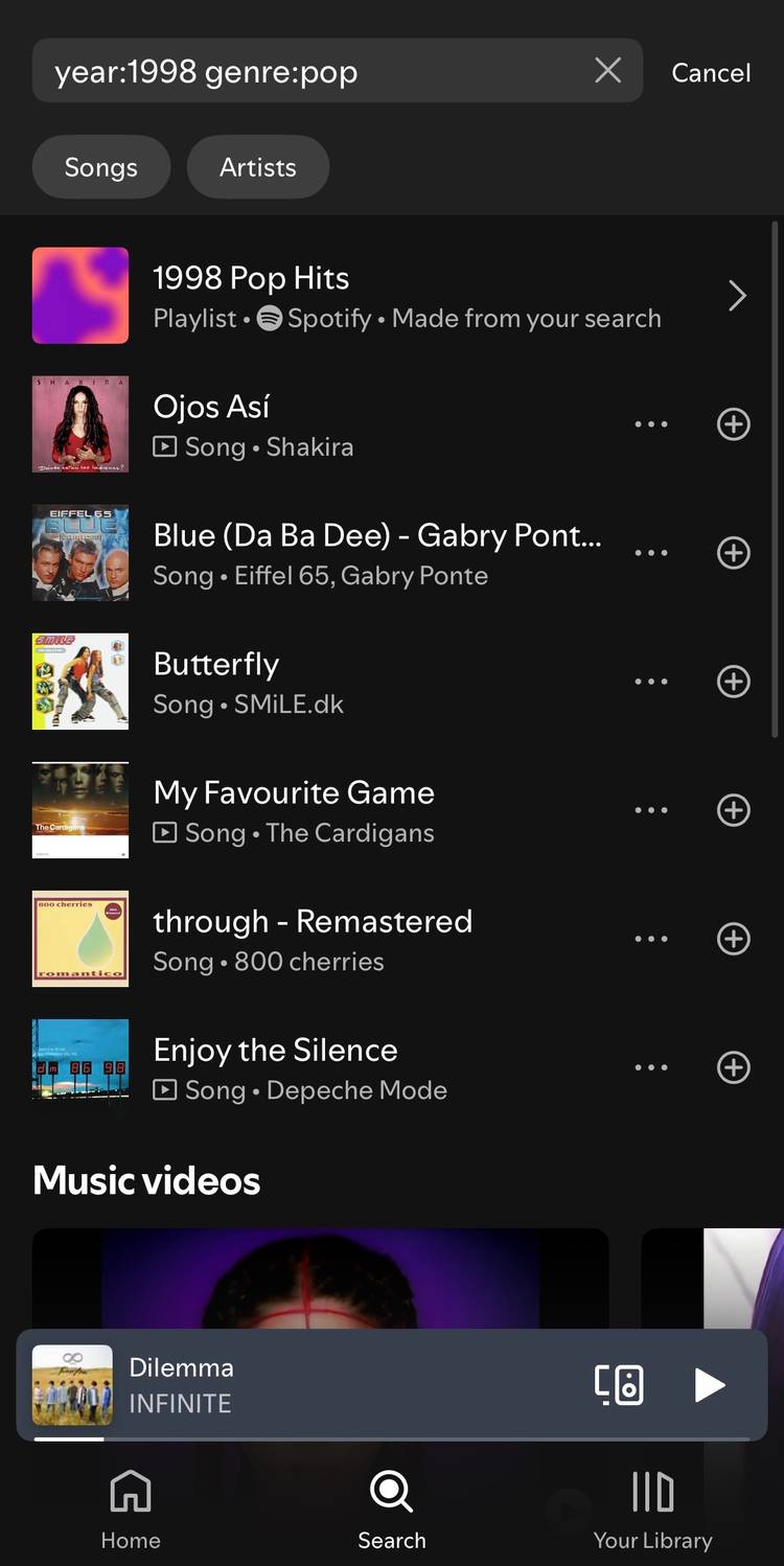 Using Spotify's advanced search filters.