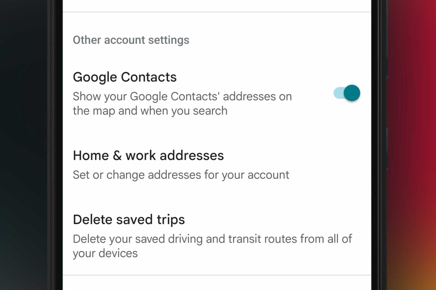 Google Contacts toggle in the settings in the Google Maps app on an Android phone.