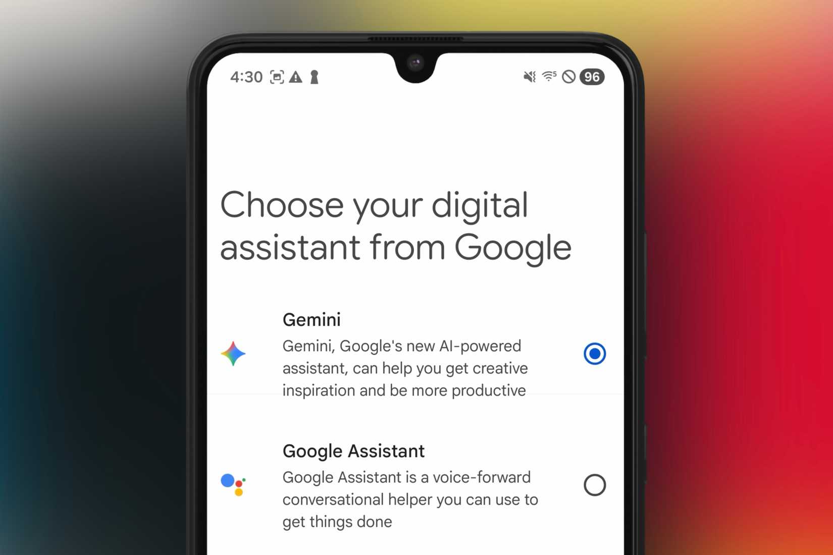 Settings menu to change between Gemini or Google Assistant on an Android device.