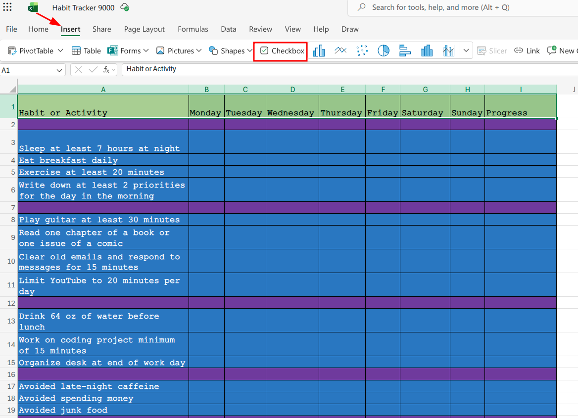 Inserting a checkbox in excel.
