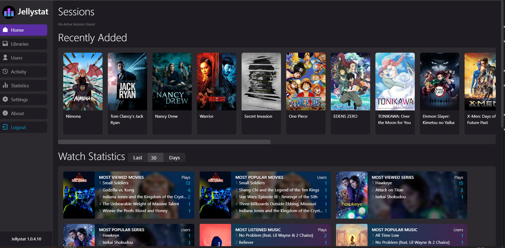 Jellystat home page showing recently added movies and TV shows.