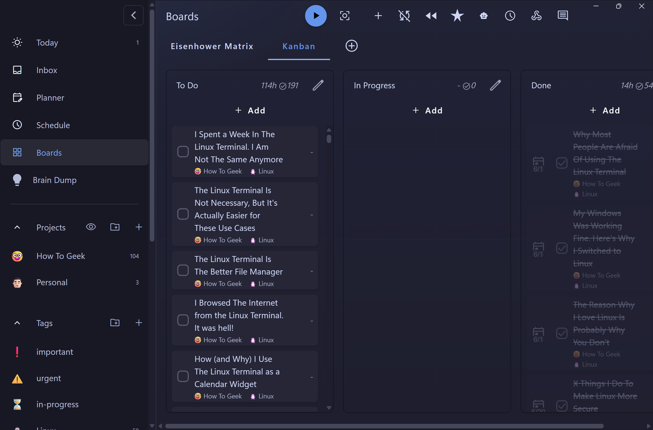 Kanban board with To Do, In Progress, and Done columns full of How To Geek Linux articles.-1