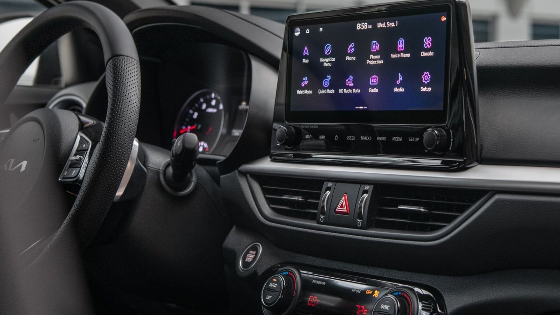 Close-up shot of the infotainment screen in a 2022 Kia Forte.