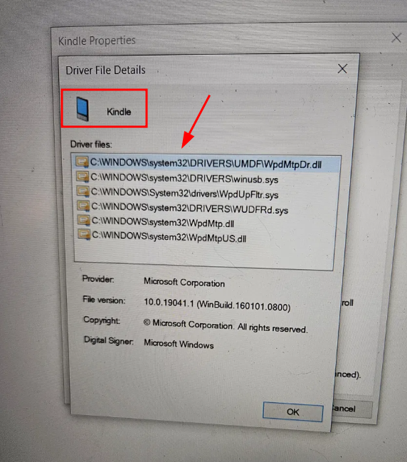 Kindle Fire driver files on Windows 10 Device Manager.