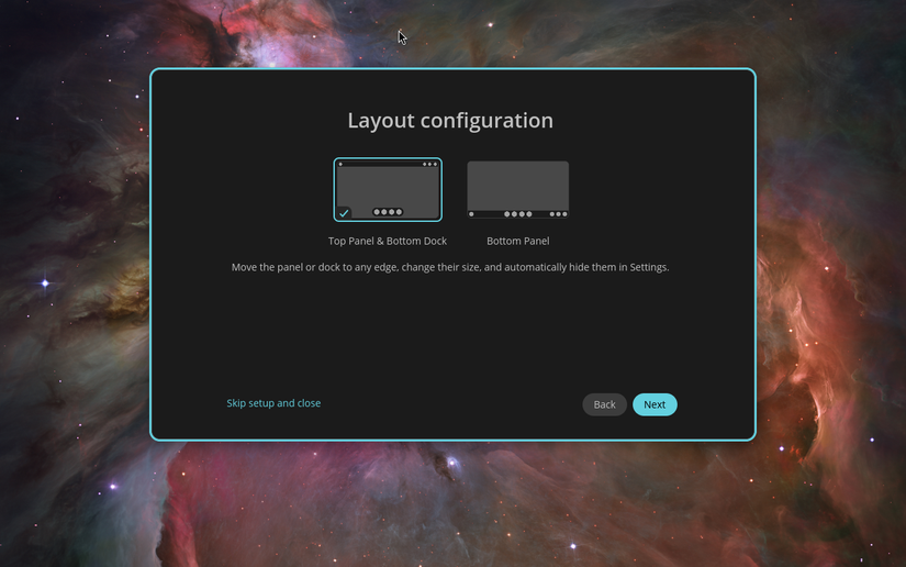 Pop!_OS layout configuration on first launch of COSMIC desktop.