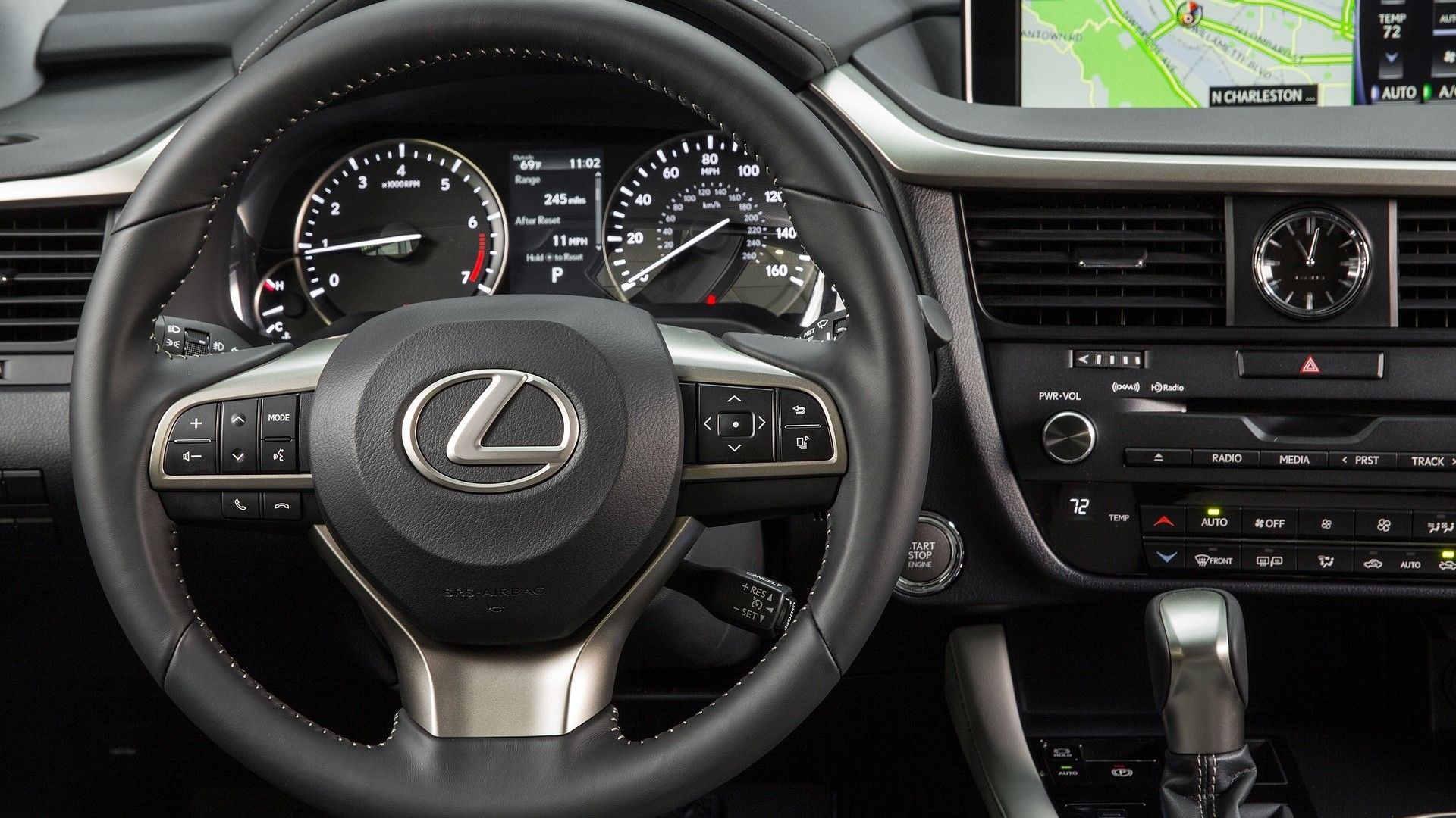 Close up of the steering wheel in a 2016 Lexus RX