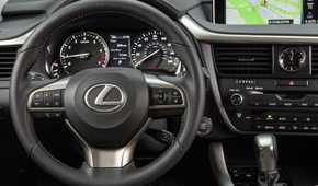 Close up of the steering wheel in a 2016 Lexus RX