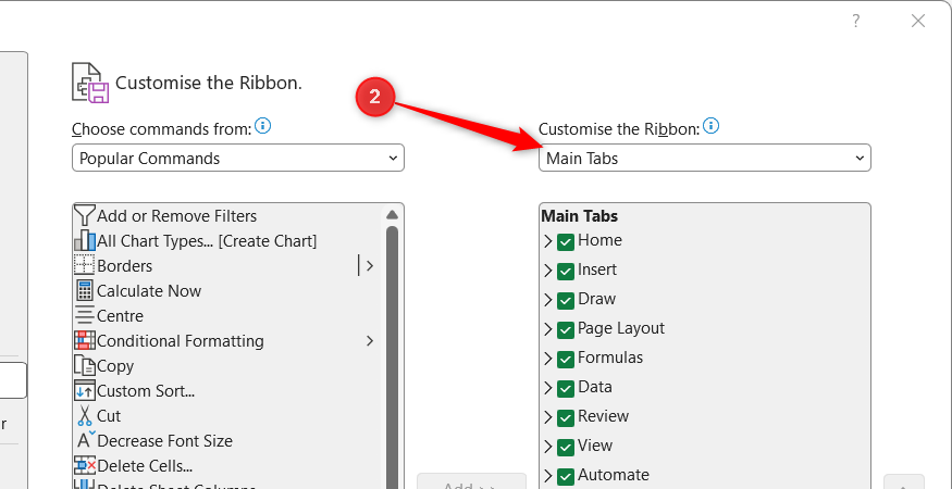 Main Tabs is selected in the right-hand menu in Microsoft Excel's Excel Options dialog window.