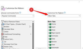 Main Tabs is selected in the right-hand menu in Microsoft Excel's Excel Options dialog window.