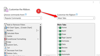 Main Tabs is selected in the right-hand menu in Microsoft Excel's Excel Options dialog window.