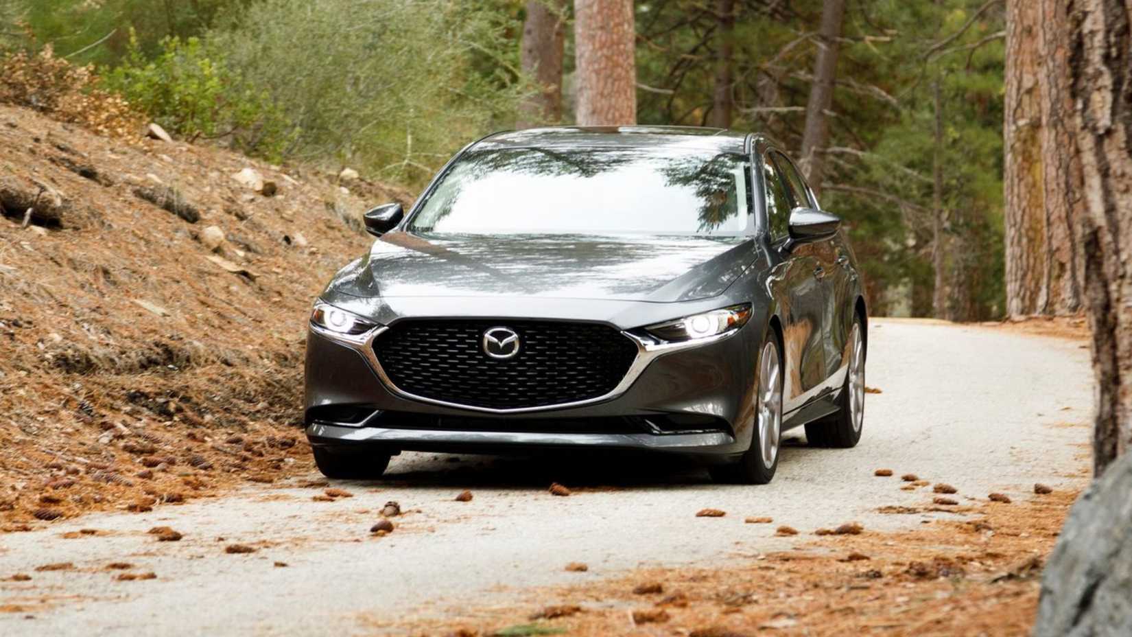 Dynamic front-end shot of a 2019 Mazda3 Sedan.