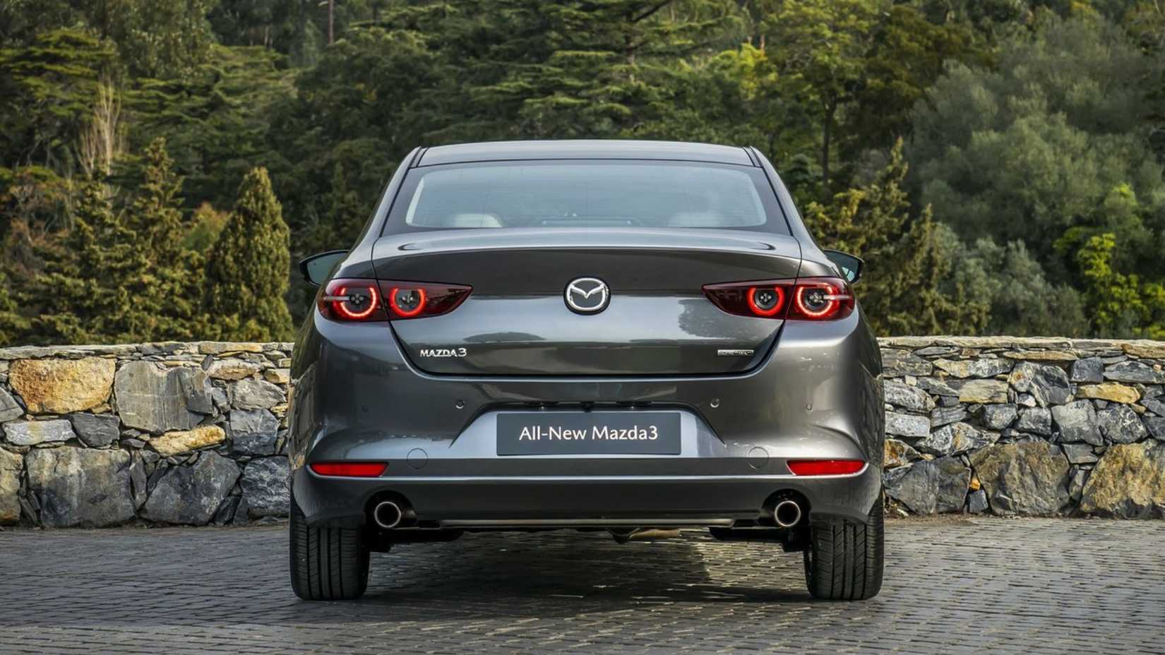 Static rear-end shot of a 2019 Mazda3 Sedan.