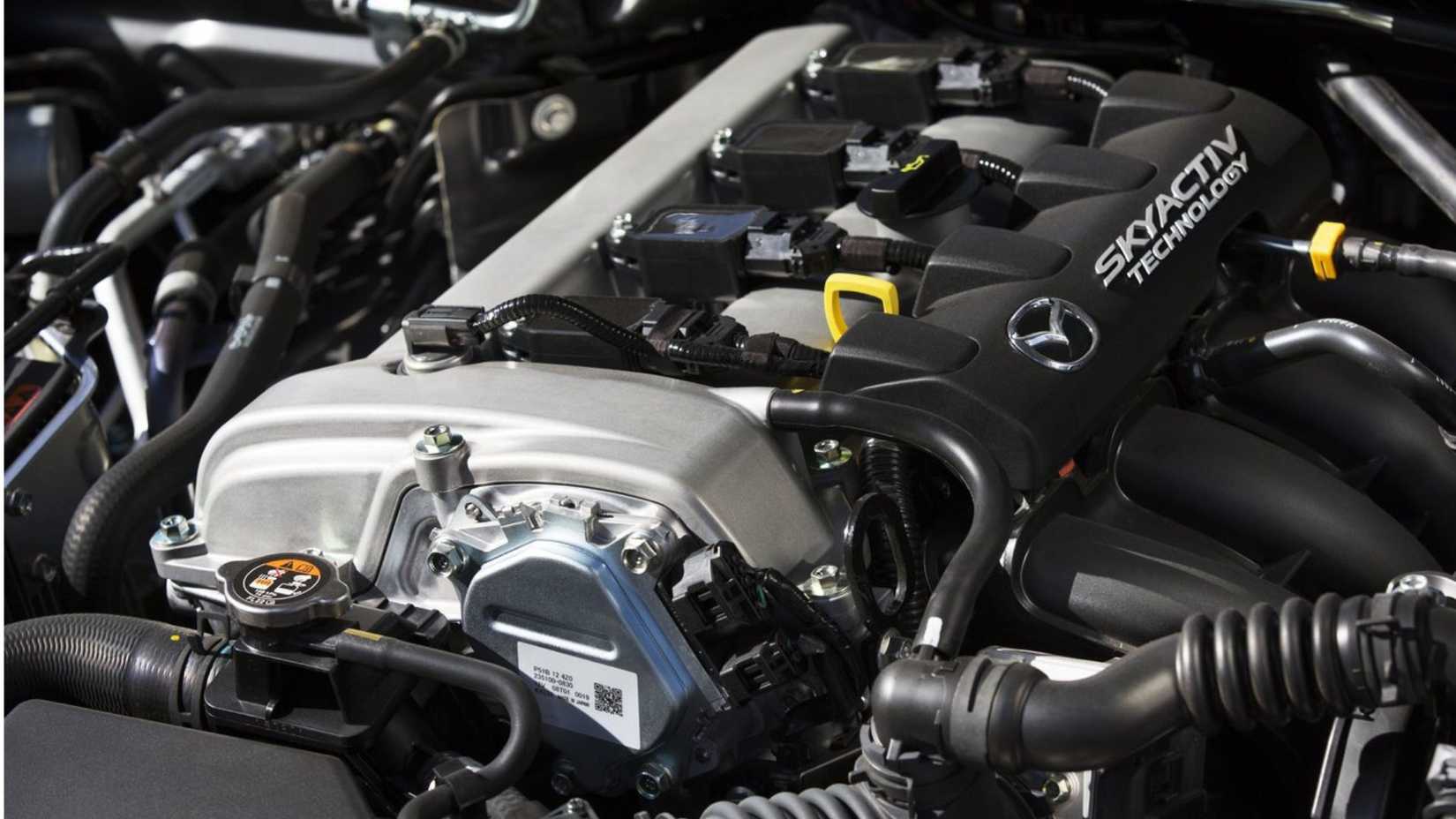 Shot of the engine under the hood of a 2017 Mazda MX-5 RF.