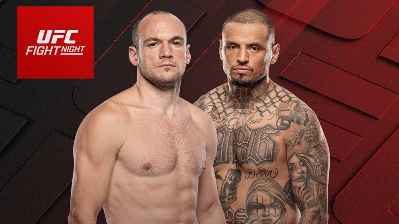 Two shirtless male UFC fighters stare straight ahead.