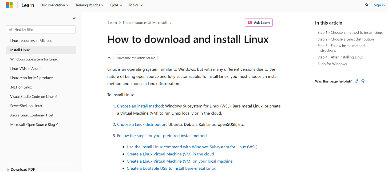 Linux installation instructions from the Microsoft website.