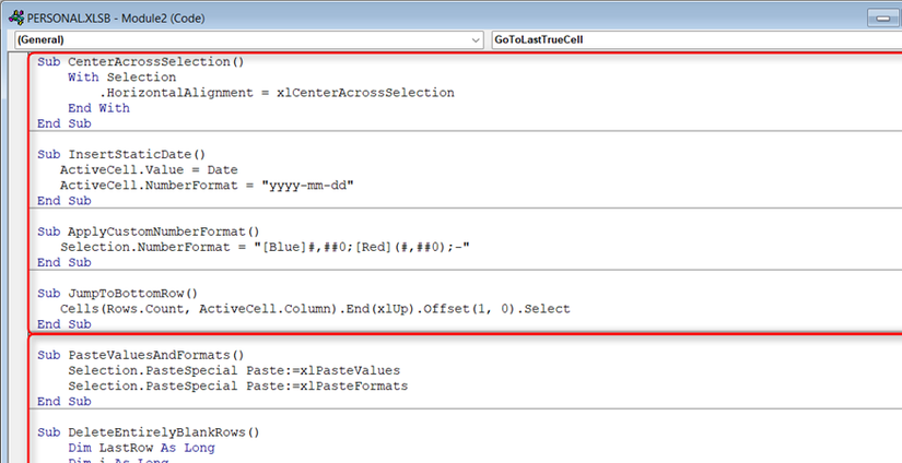 Module2 in Excel's VBA window, with four existing codes and some new ones beneath.
