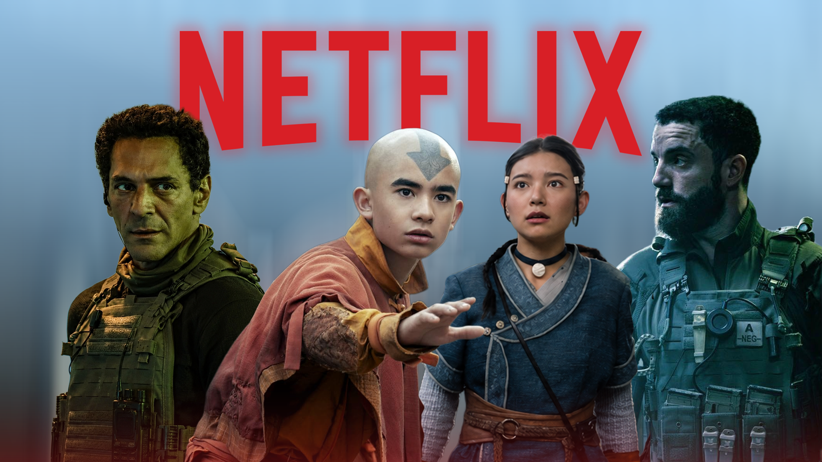 Netflix collage featuring characters from Elite Force and Avatar The Last Airbender.