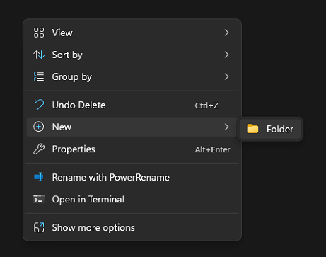 Windows 11 File Explorer context menu highlighting the New > Folder option used to create a new folder in the current directory.