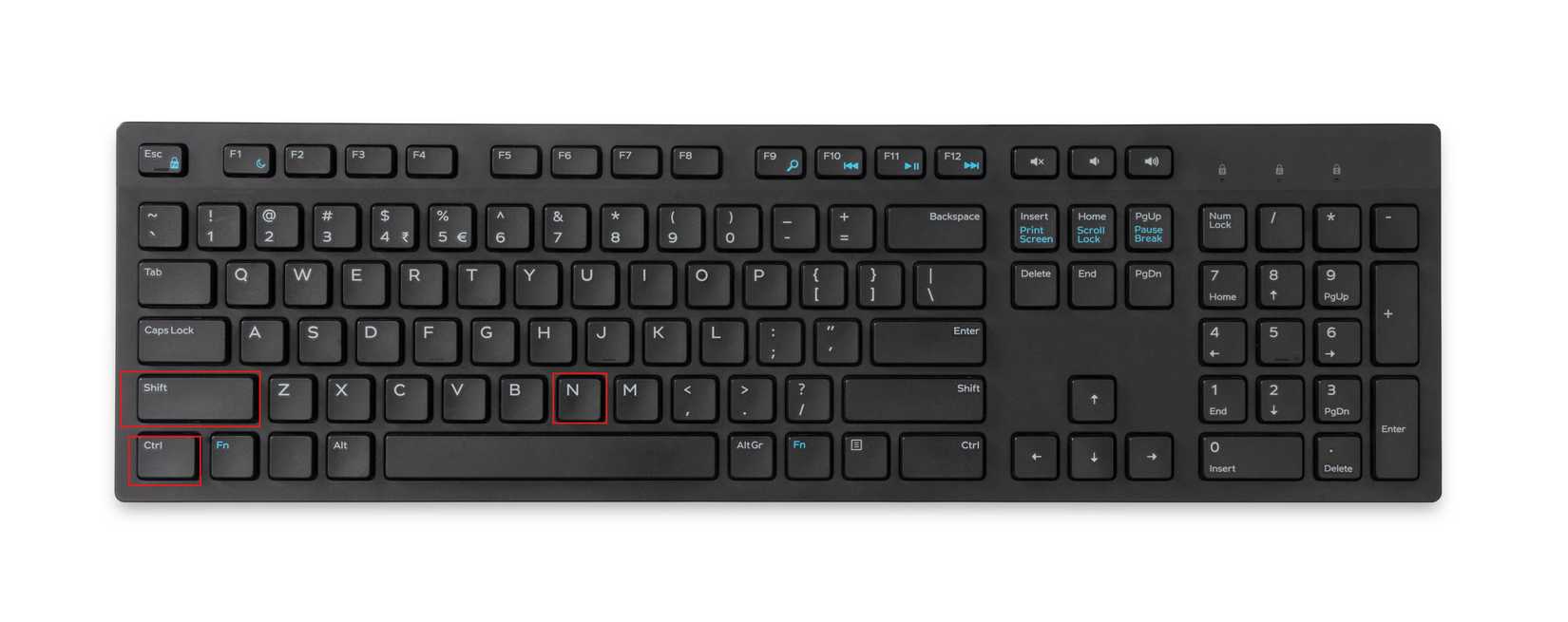 Keyboard highlighting the Ctrl, Shift, and N shortcut keys.