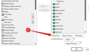 New Tab is selected in Excel's Excel Options dialog.