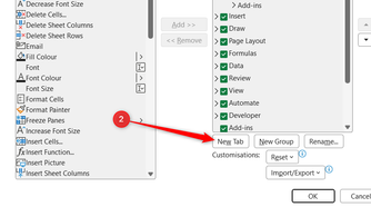 New Tab is selected in Excel's Excel Options dialog.