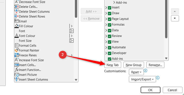 New Tab is selected in Excel's Excel Options dialog.