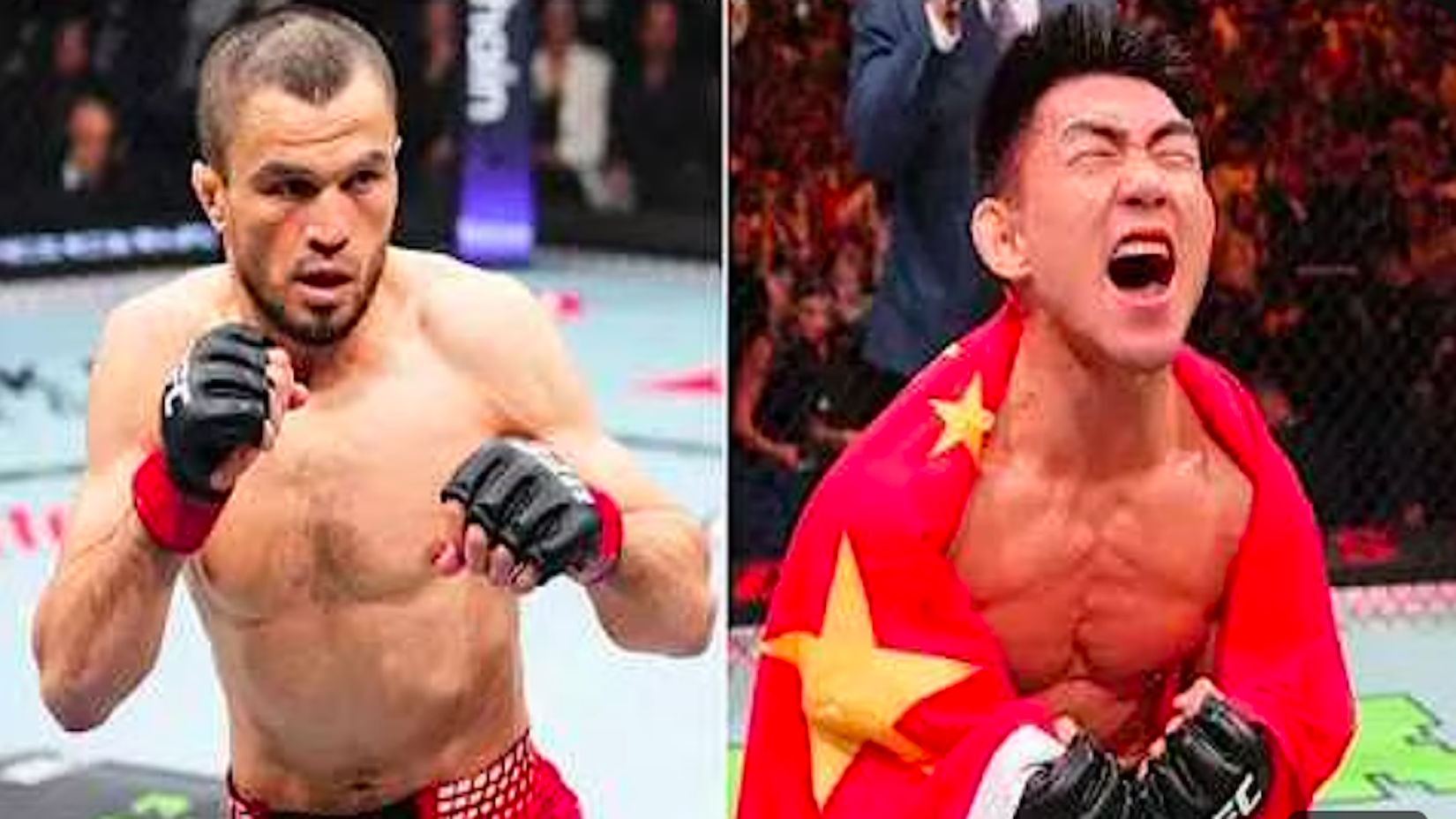 Split image of fighting man and battle winner in octagon wrapped in Chinese flag.