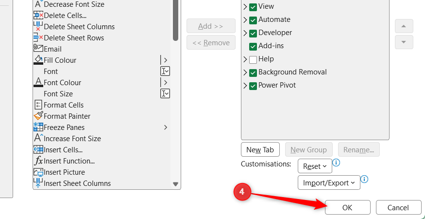 OK is selected in Excel's Excel Options window.