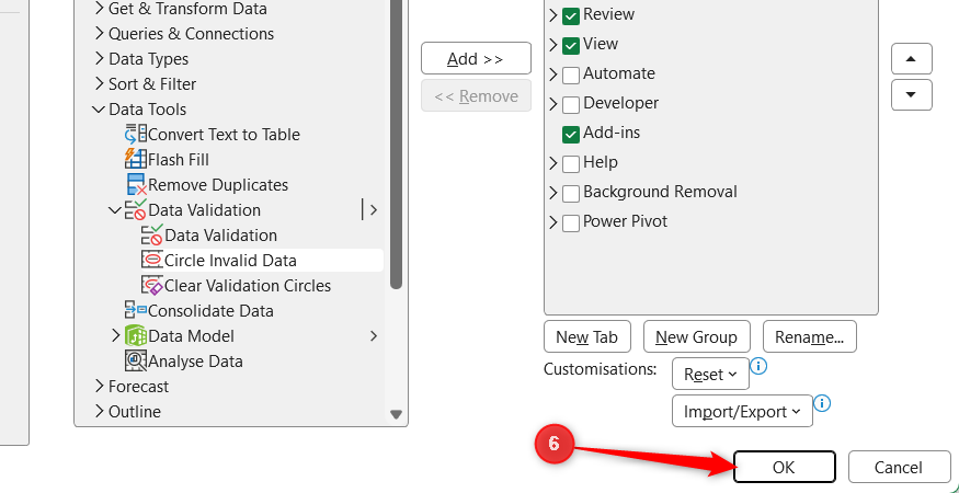 OK is selected in the bottom-right corner of the Excel Options dialog box.