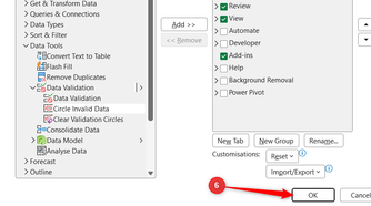 OK is selected in the bottom-right corner of the Excel Options dialog box.