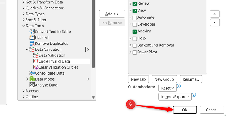 OK is selected in the bottom-right corner of the Excel Options dialog box.