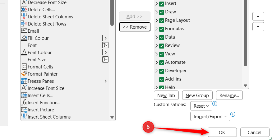 OK is selected in the Excel Options window in Microsoft Excel.