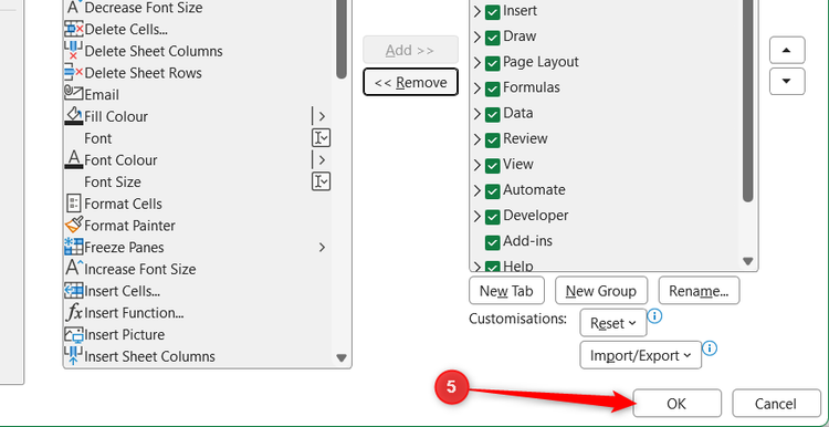 OK is selected in the Excel Options window in Microsoft Excel.
