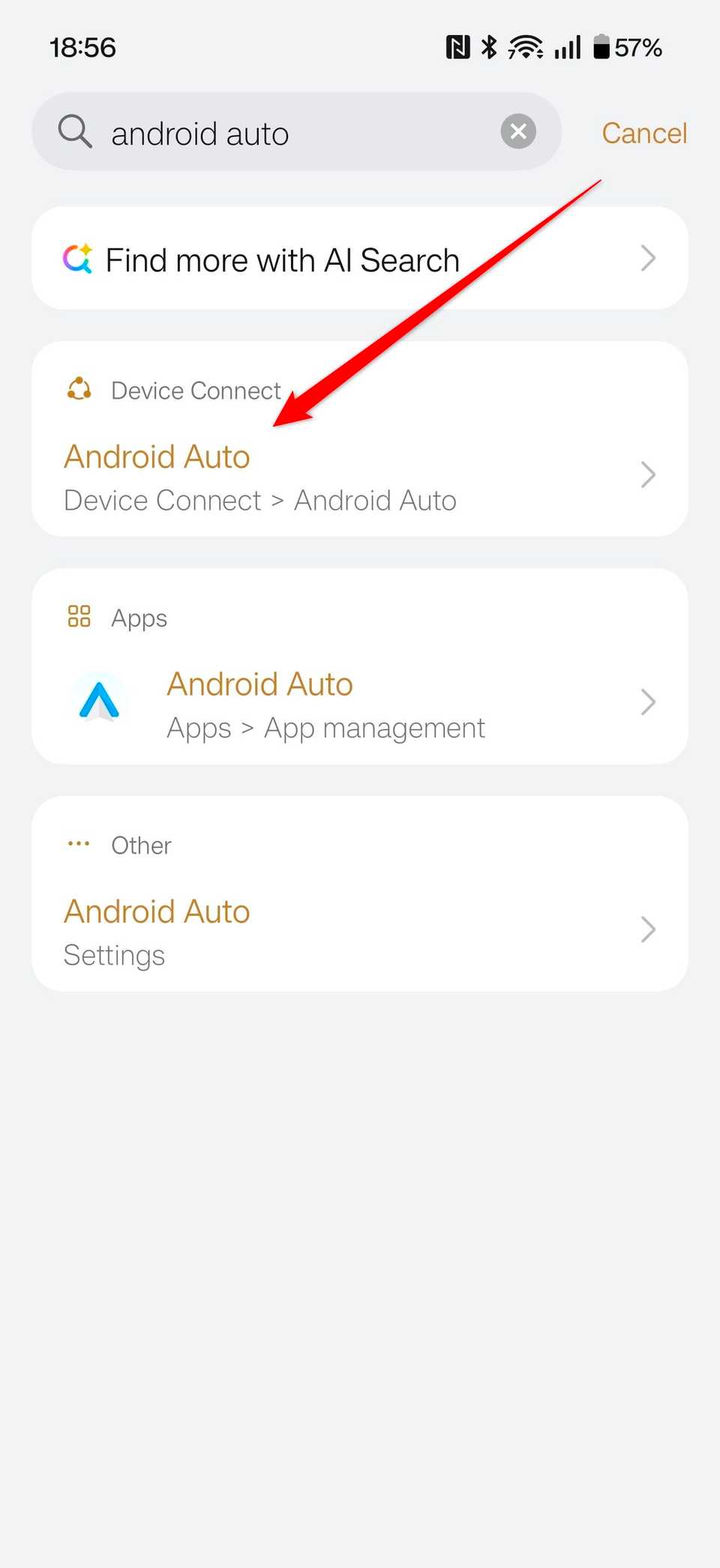 A search for Android Auto in Settings results.