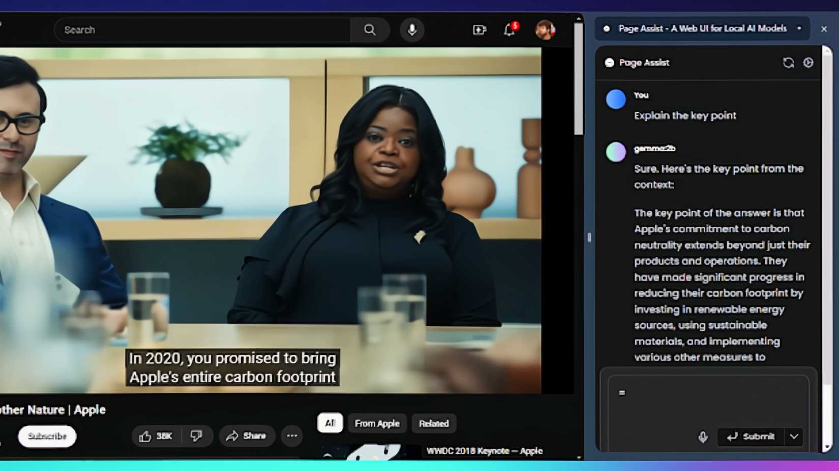 Page Assist being used on a YouTube video