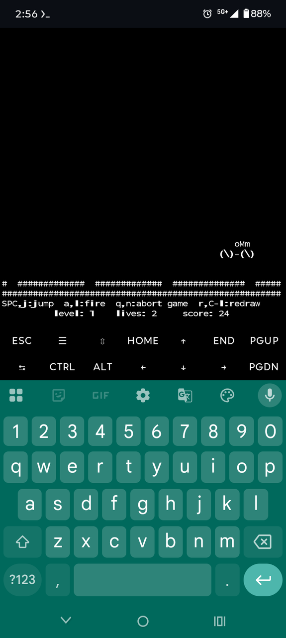Playing Moon Buggy in Termux
